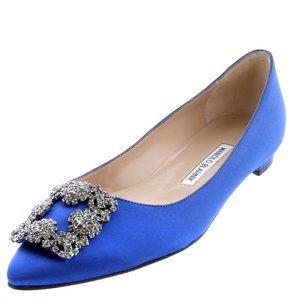 Manolo Blahnik Hangisi Flats Blue Satin 38 1/2